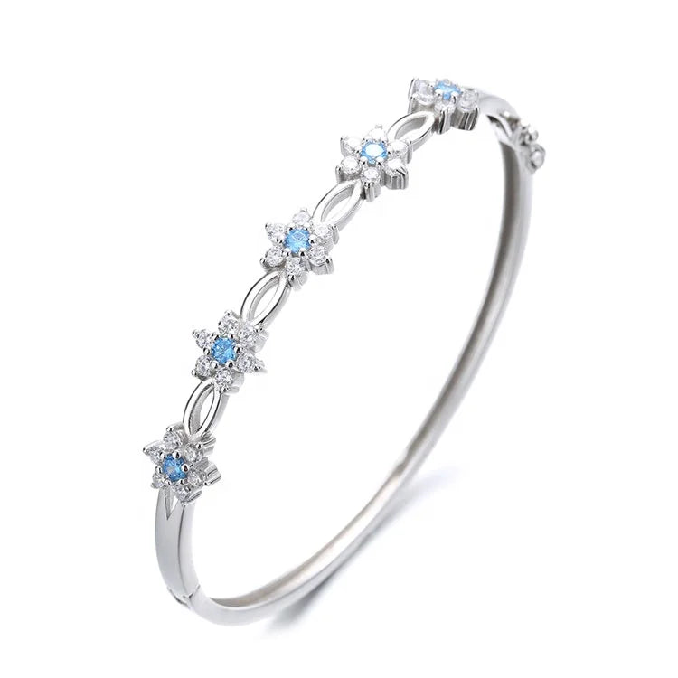 Fine Jewelry Sterling Silver 925 Blue Daisy Flower Bangle Open Hand Bracelet Jewelry for Women