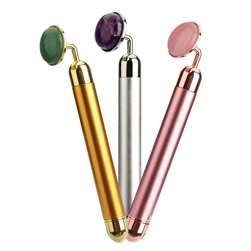 YiJue Model 001 24K Pulse Electric Vibrator 3D Facial Massager Rose Quartz Natural Stone Jade Roller Guasha Set Face Lift