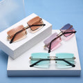 2026 Vintage Sunglasses Unisex Small Rectangular Rimless Design Gradient Lenses Black Metal Temple Square Colored PC Women's