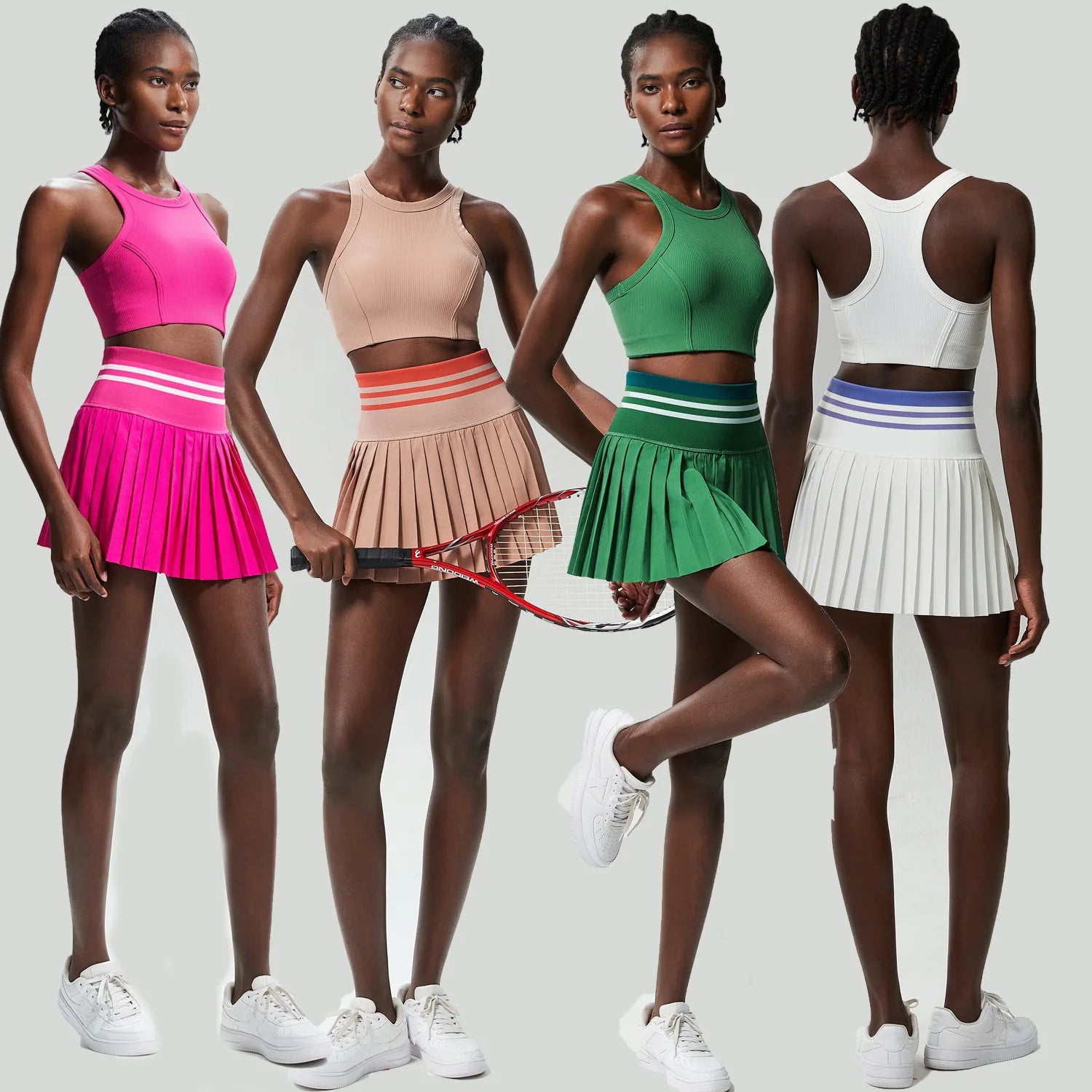 Women 2 Piece Tennis Dresses High Waisted Pleated Skirt Sets Golf Outfits Sleeveless Tennis Skirt Set