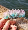 DIY Fast Shipping Witch Moon DIY Pink Blue Natural Crystal Comb Bride Silver Thread Comb