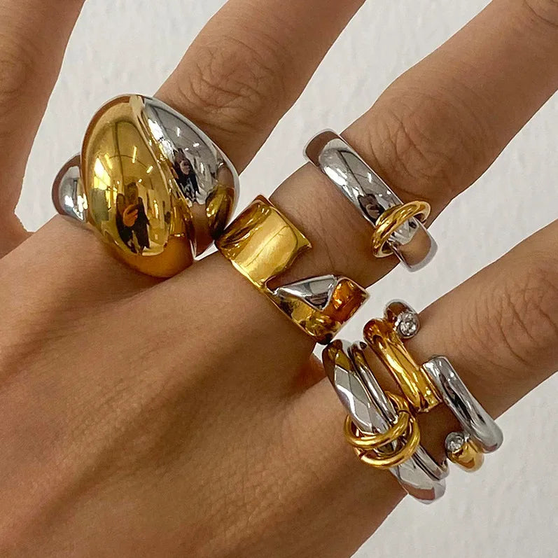Fashion Chunky Two Tone Jewelry 18K Gold Geometric Waterproof Stainless Steel Ring Stacking Ring Trendy Jewelry Women Men