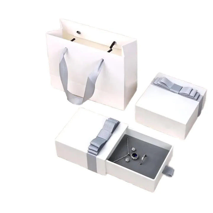 White Texture Cardboard Jewelry Boxes Jewelry Set with Personalized Box White Drawer Style Rigid Cardboard Jewelry Box for Ring
