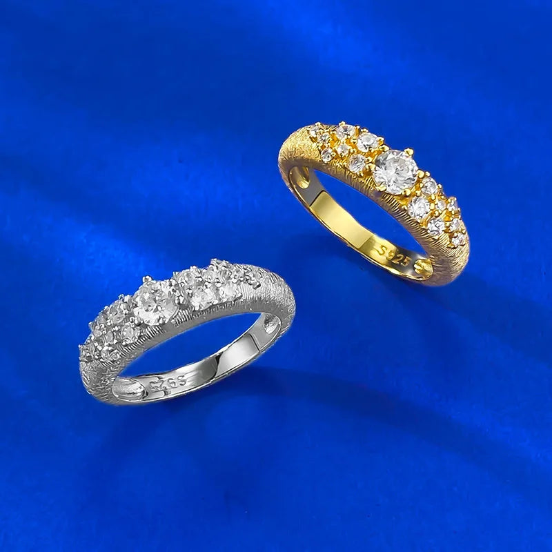 Fine Jewelry Custom 925 Sterling Silver Gold Plated Brushed Starry Sky Ring Round Brilliant Cut Zircon Ring for Engagement