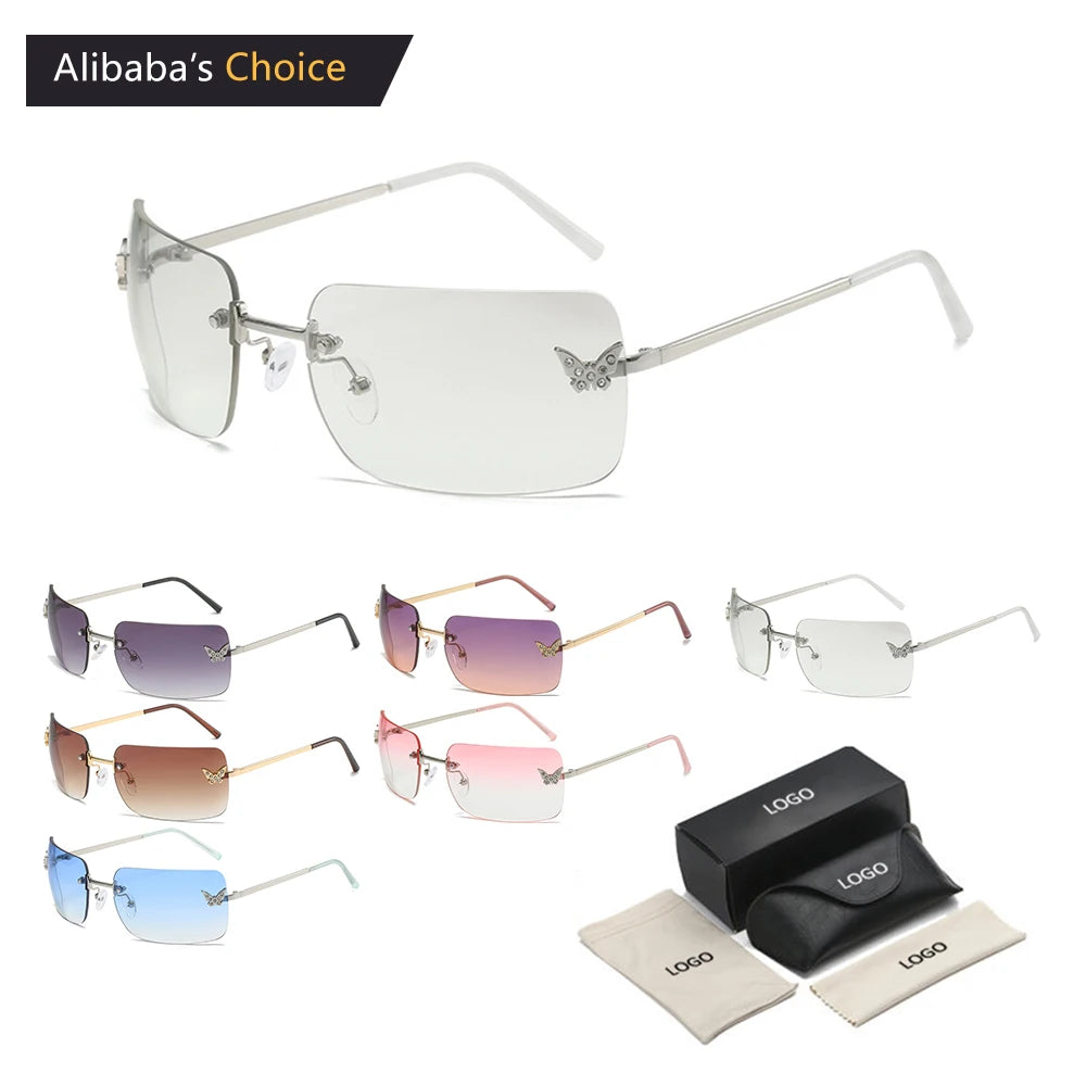 Y2K Trendy Luxury Women Butterfly Design Rectangle Frameless Shade Custom Metal Square Rimless Vintage Sunglasses Women