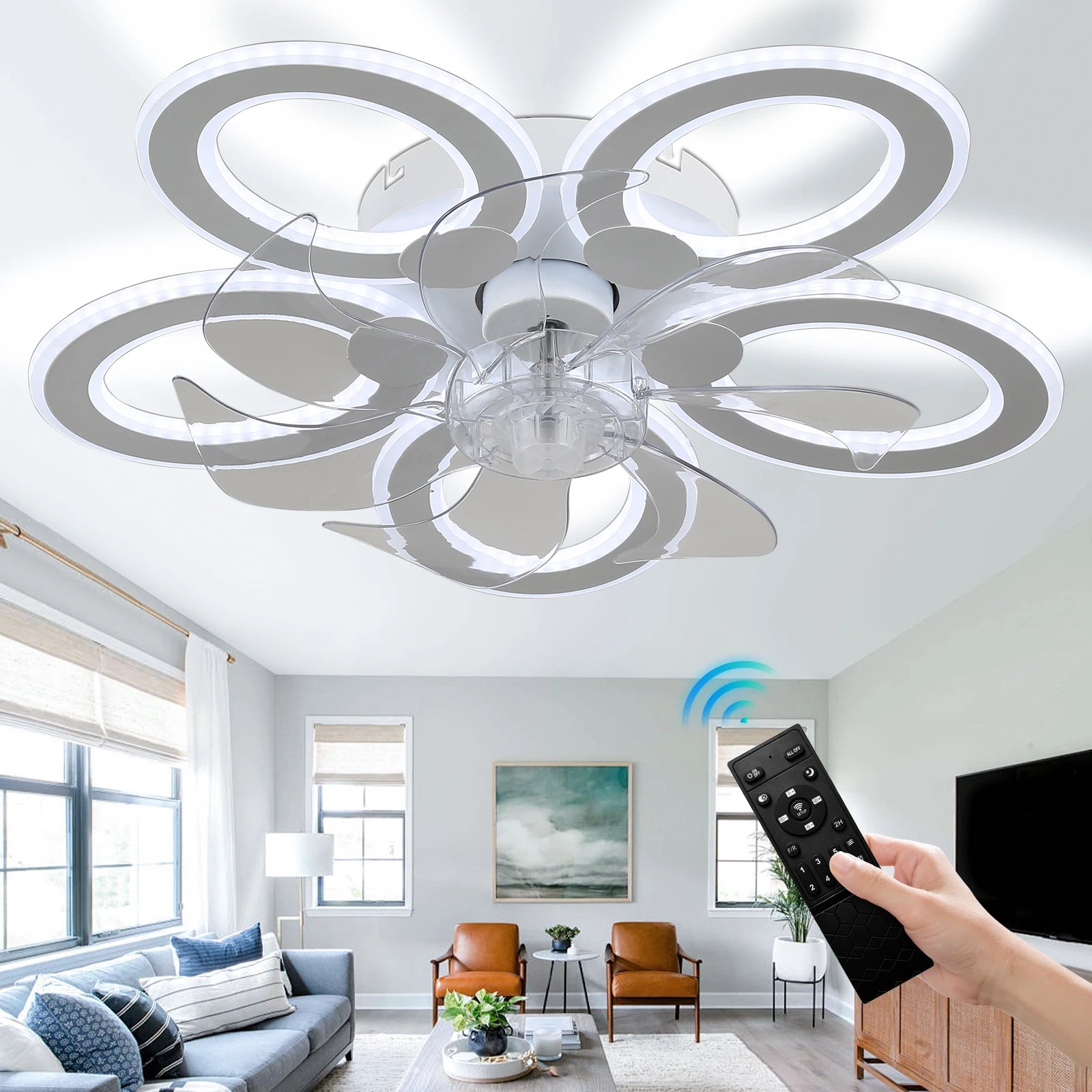 Modern Crystal Ceiling Fan LED 110V 7 Blades Dimmable CCT ABS Body for Home Hotel Remote Control Newest Design for Bathroom