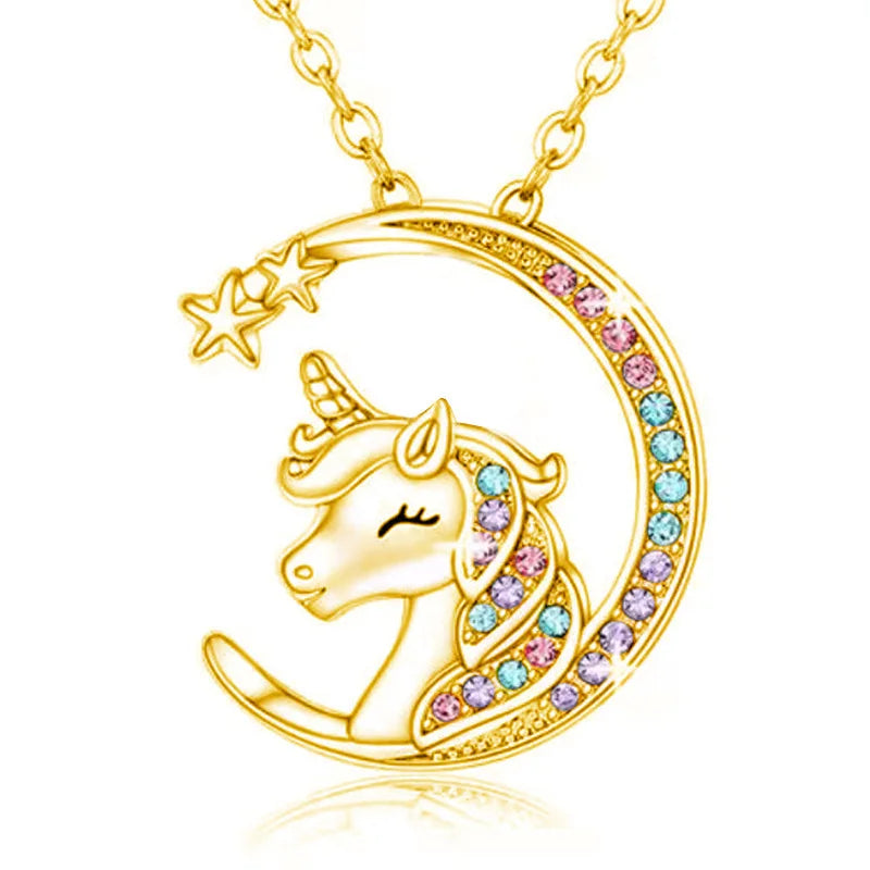 Ebay Hot Sale Colorful Rhinestone Moon Shape Shinning Star Girl Unicorn Necklace