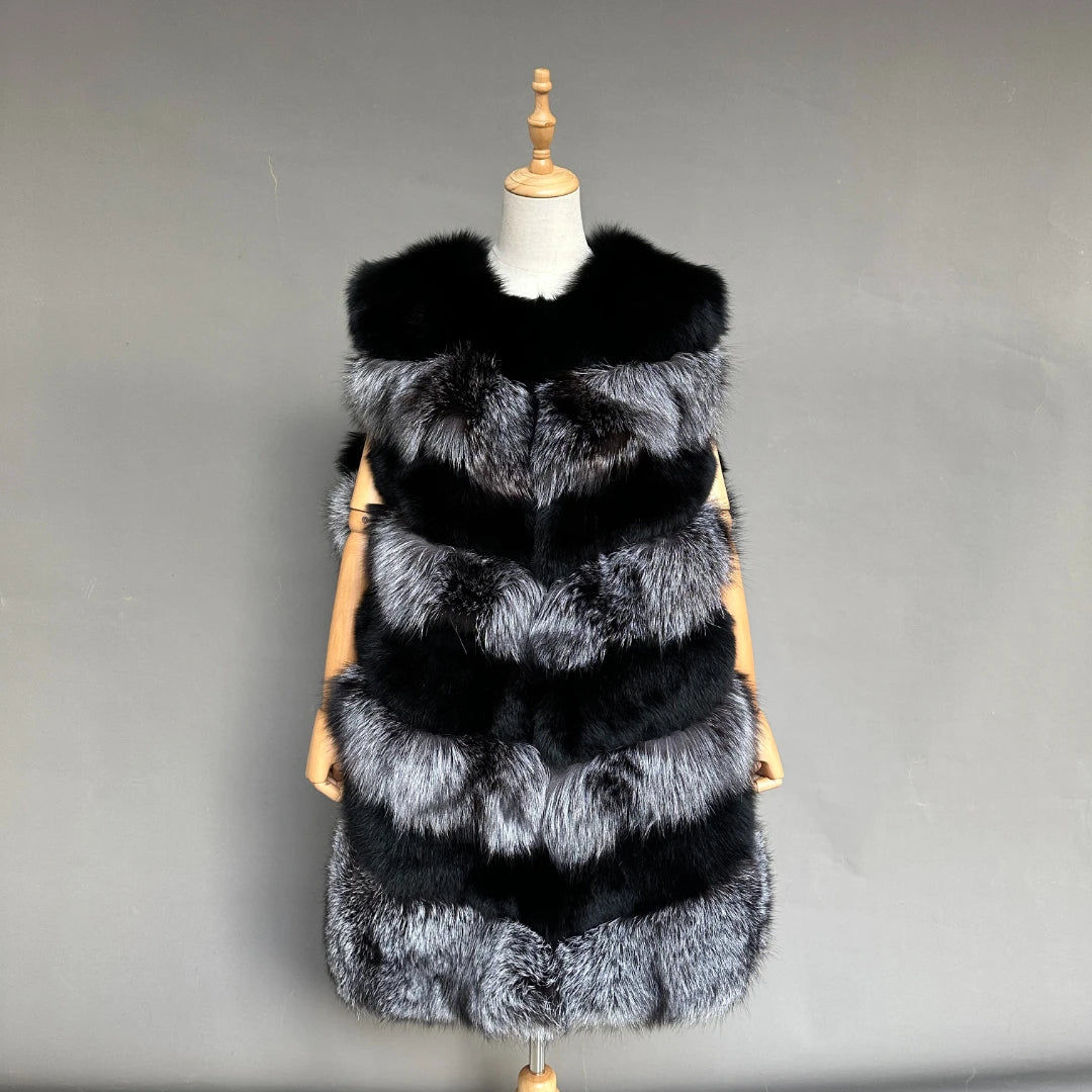 Wholesale Real Fox Fur Gilet Plus Size Women Silver Fox Fur Vest Coat Winter Warm Luxury Fluffy Vest Long Lady
