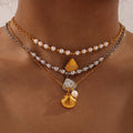 Fashion Summer Jewelry Stainless Steel 18K Gold Shell Shape Pendant Pearl Necklace Earrings Jewelry Set