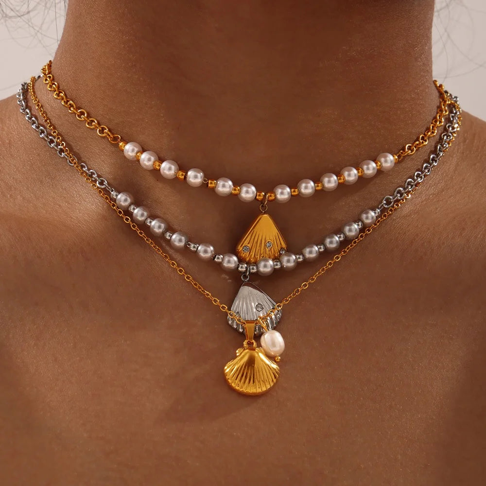 Fashion Summer Jewelry Stainless Steel 18K Gold Shell Shape Pendant Pearl Necklace Earrings Jewelry Set