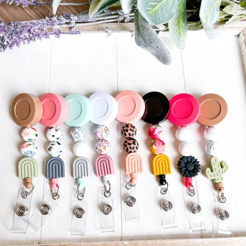 Rainbow Silicone Beaded Alligator Clip Retractable ID Badge Reel Teacher Nurse Work Badge Holder Accessories Gift