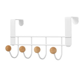 Metal Door Hanger Rack Wood with 4 Hooks White Towel Clothes Hat Bag Over Door Hook Hanger