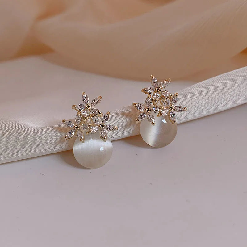 Petal Earrings Fashion 3 Flowers Cat Eye Stone Water Drop Crystal Earring