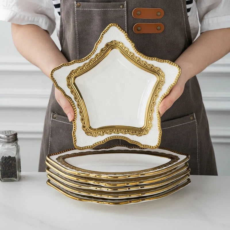 Retro Gold Plated Dinner Plate Set White Ceramic Plate 6 Pcs New Five-Pointed Star Vintage Dinnerware Set