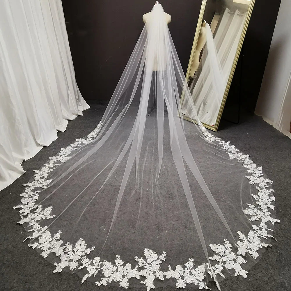 Bridal Cathedral Veil White Ivory Three-dimensional Embroidery Flower Long Train Veil Delicate Wedding Lace Veil