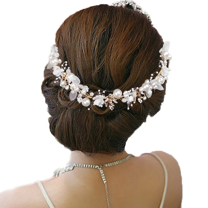 MIO Bridal Jewelry Wedding Hair Accessories White Flower Styles Fashion Headband Hairband Bracelet Pears Rhinestones