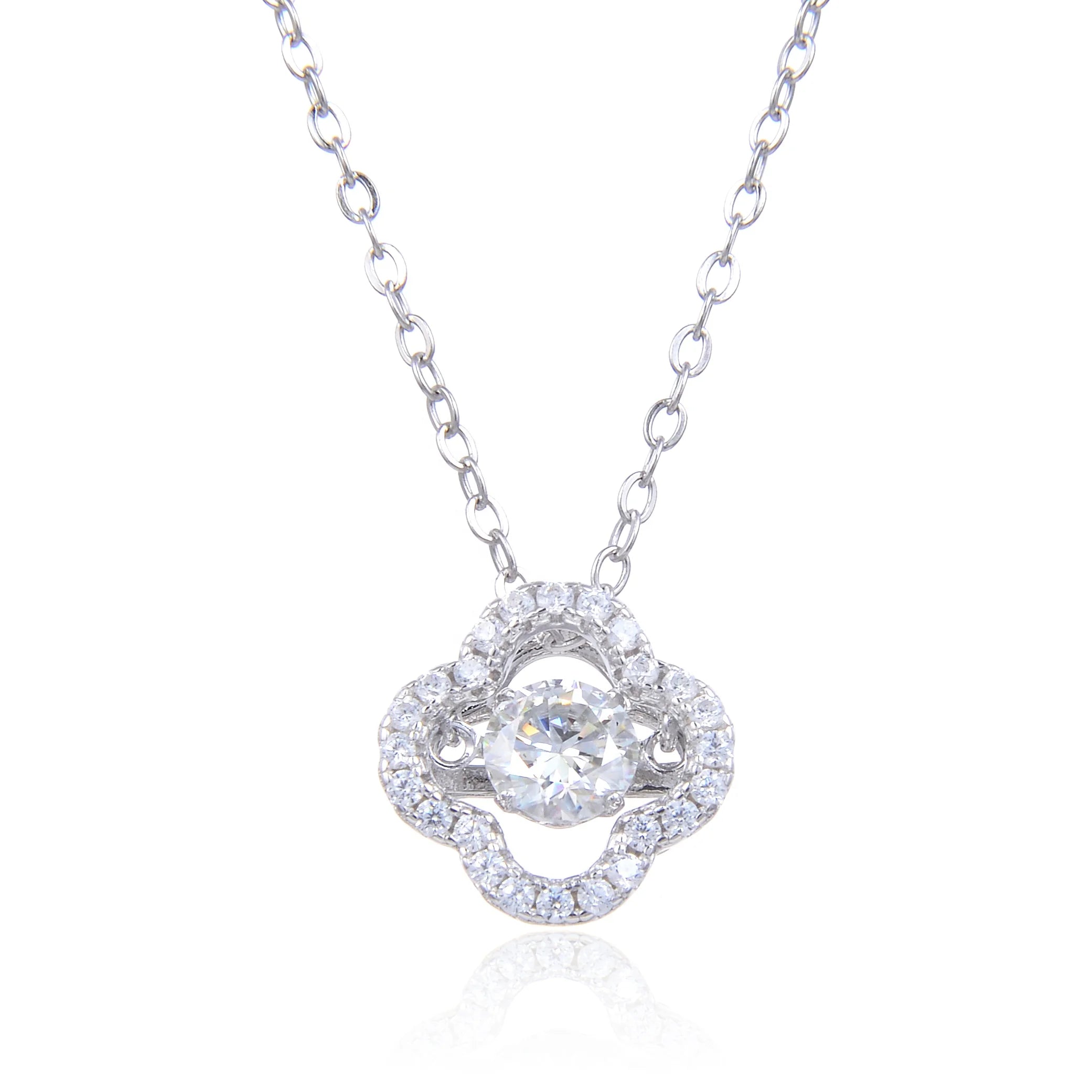 Abiding Fast Delivery Fashion 925 Sterling Silver Dancing Moissanite Diamond Clover Shape Lucky Symbol Necklace