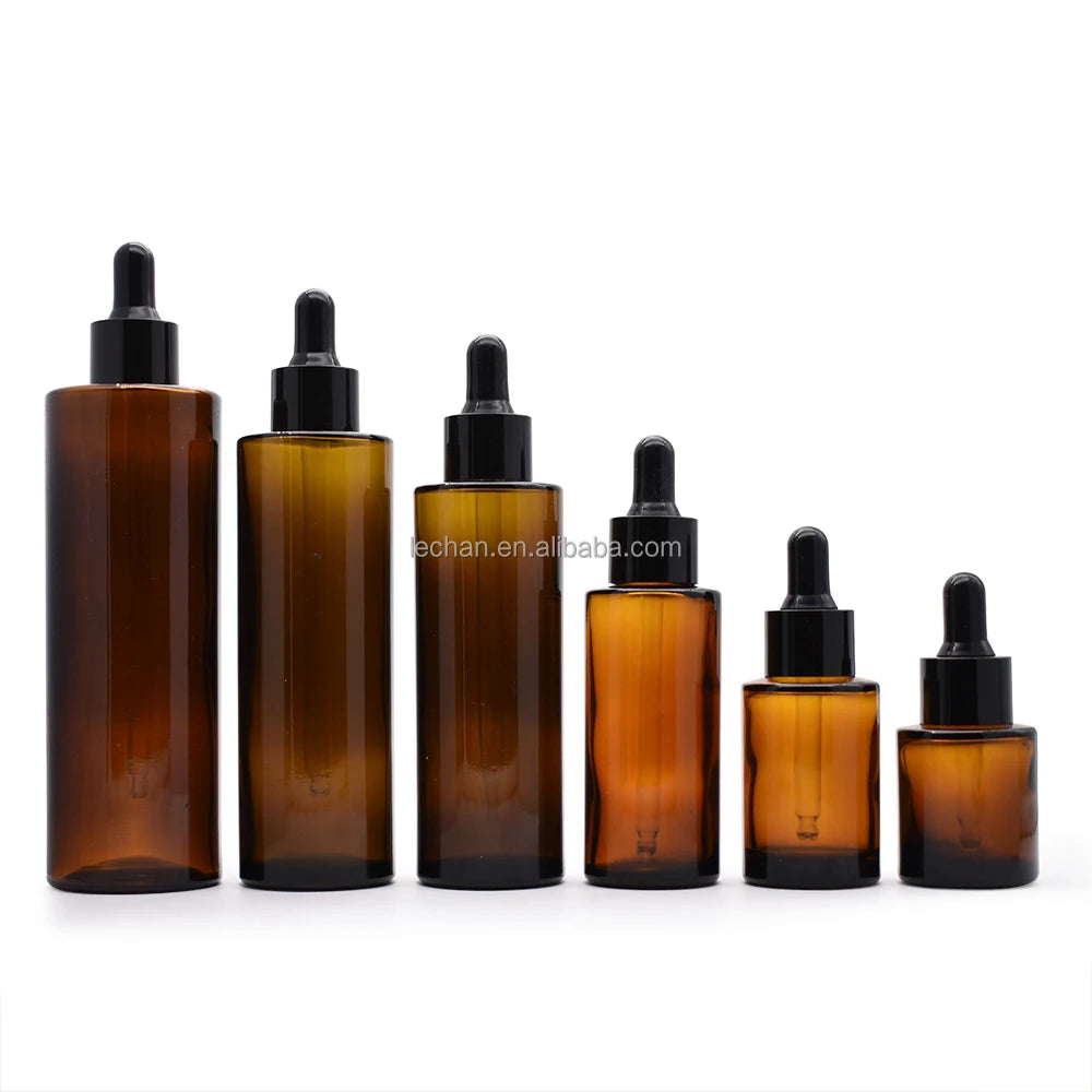 Luxury 10ml 20ml 30ml 50ml 60ml 80ml 100ml Amber Screen Printed Glass Essential Oil Serum Face Cream Dropper Bottles Black Cap