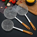 Hot Selling Stainless Steel Kitchen Utensils Strainer Colander with Wood Grain Handle Frying Filter Spoon and Mesh 100pcs MOQ