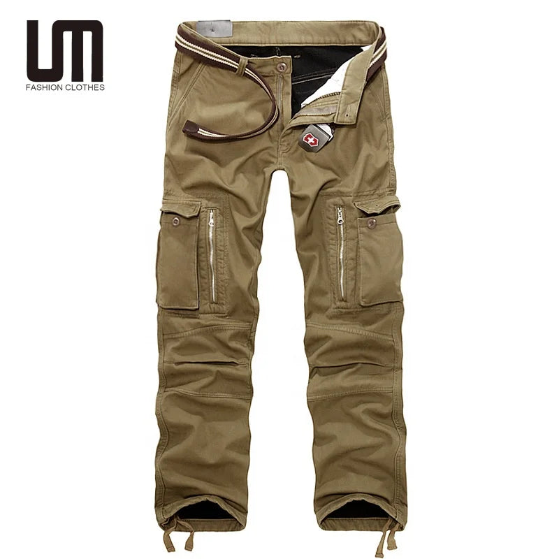 Liu Ming 2025 Winter Clearance Sale Men's Cotton Casual Trousers Mid Waist Zipper Fly Warm Cargo Pants with Straight Pattern