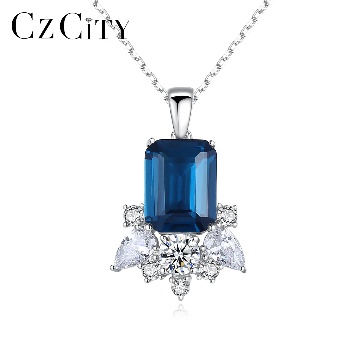 925 Sterling Silver Sapphire CZ Gemstone Necklace White Gold Plated Princess Cut Zircon Pendant Necklace for Wedding Jewelry
