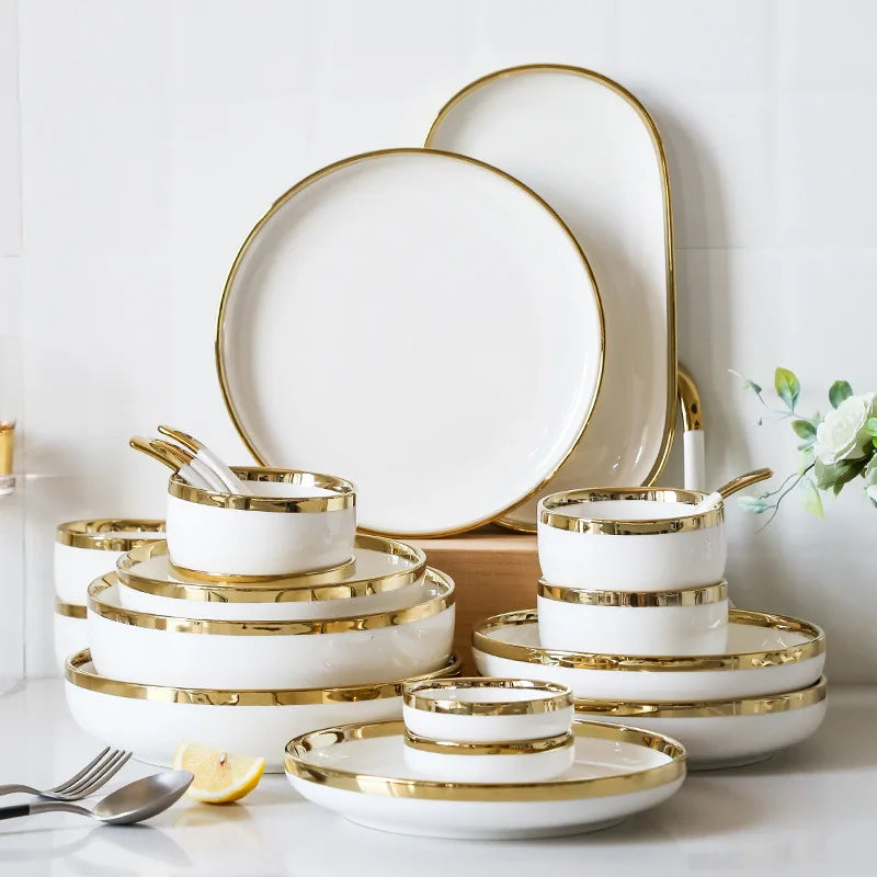 Luxury Ceramic Dinnerware Sets with Gold Inlay Pattern Modern Design White for Wedding and Camping Use