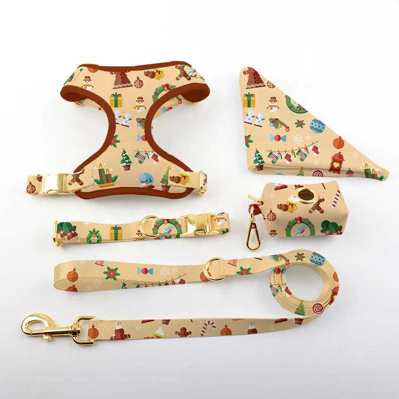 Luxury Pink Festival Designer Season Christmas Nutella Pet Dog Harness and Collar Set Dog Coat With Harness