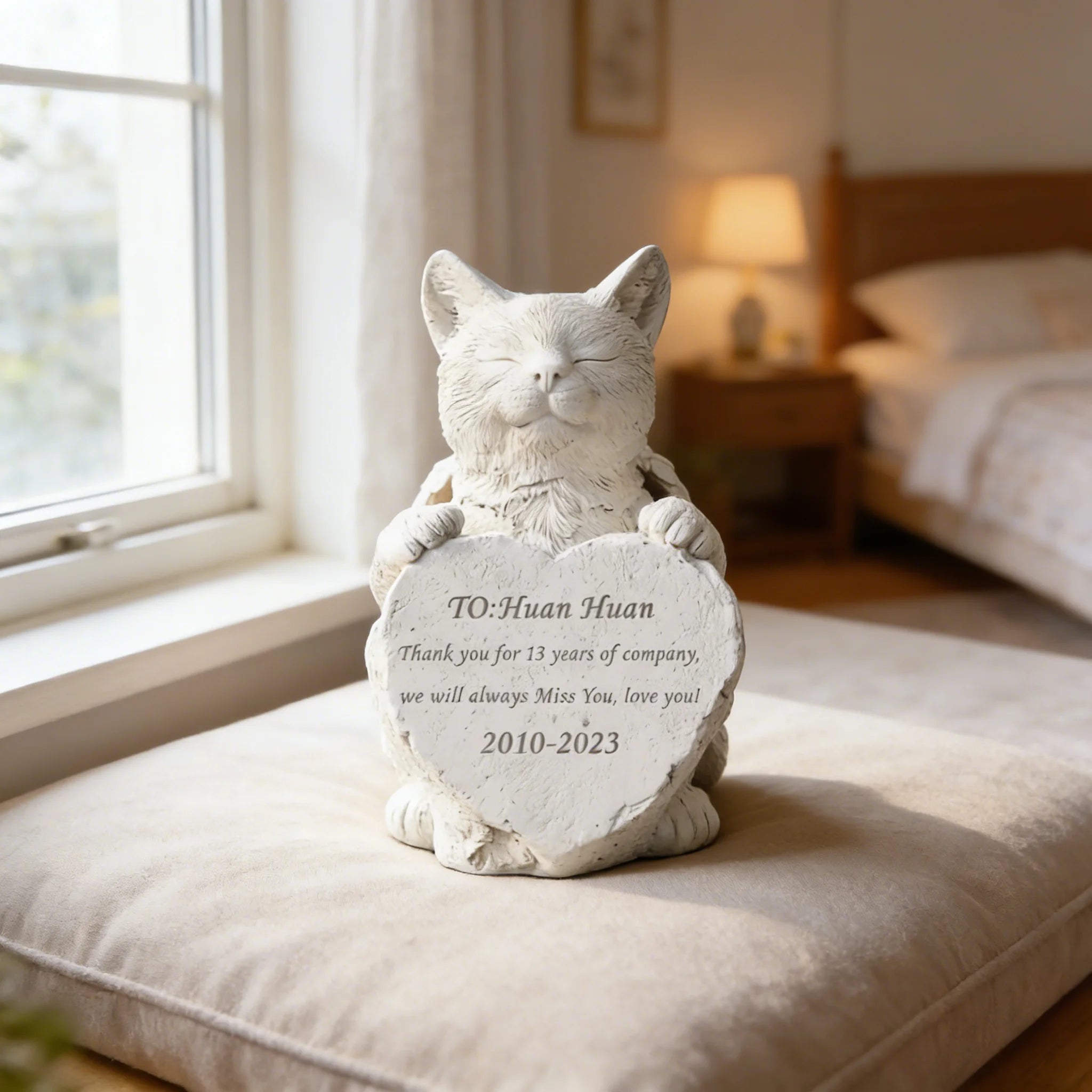 Custom Angel Cat Memorial Sculpture White Resin Sleeping Kitten with Heart Plaque Handcrafted Pet Loss Keepsake
