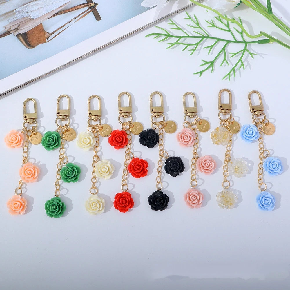 Cute Colorful 3D Resin Rose Flower Keychain Pendent Fashion Flower Key Ring Car Purse Handbag Charms Decor Accessories for Women