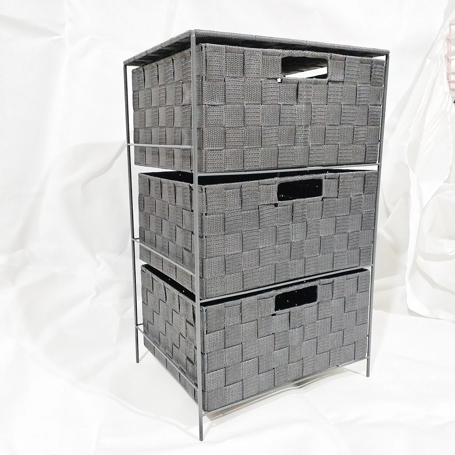 Movable 3-Layer Woven Nylon Belt Storage Drawer Tower with Iron Frame for Living Room Baskets Storage