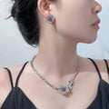 Luxury Women Brass Zircon Flower Charm Necklace & Stud Earrings Rhodium Plated Box Chain Wedding Engagement Gift Jewelry Set