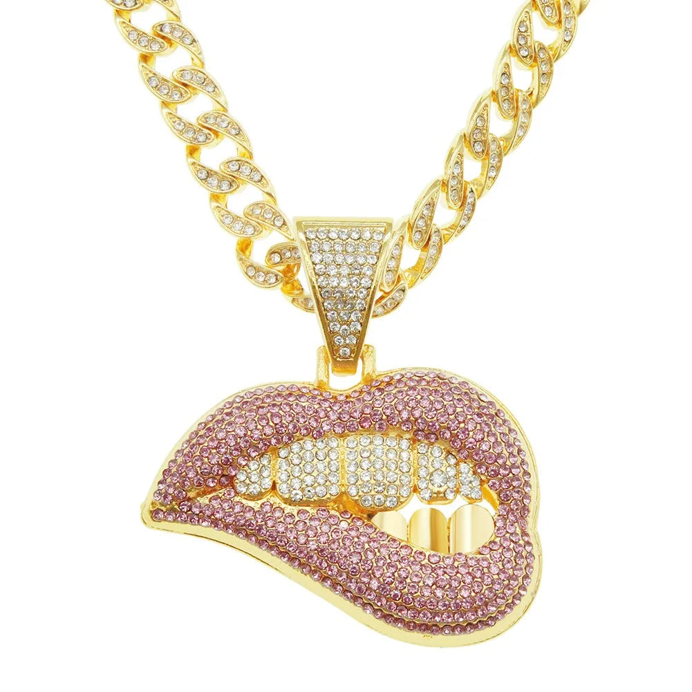 SC Fashion Hip Hop Necklace Luxury Zircon Diamond Cuban Link Chain Necklace Shiny Hippie Gold Plated Despise Mouth  Necklace