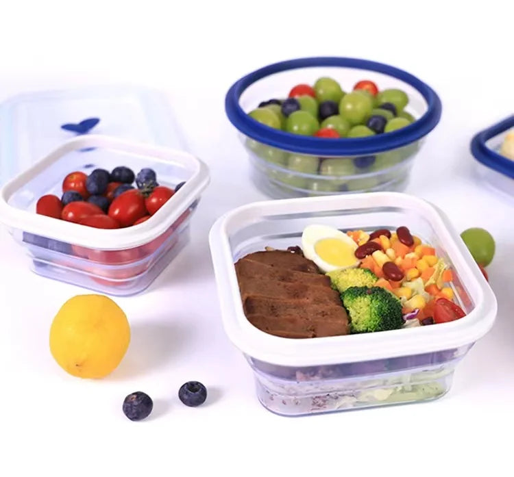 Reusable Folding Silicone Bento Box Square Rectangle with Heatable Lid Collapsible Foldable Food Container for Kids' Lunch