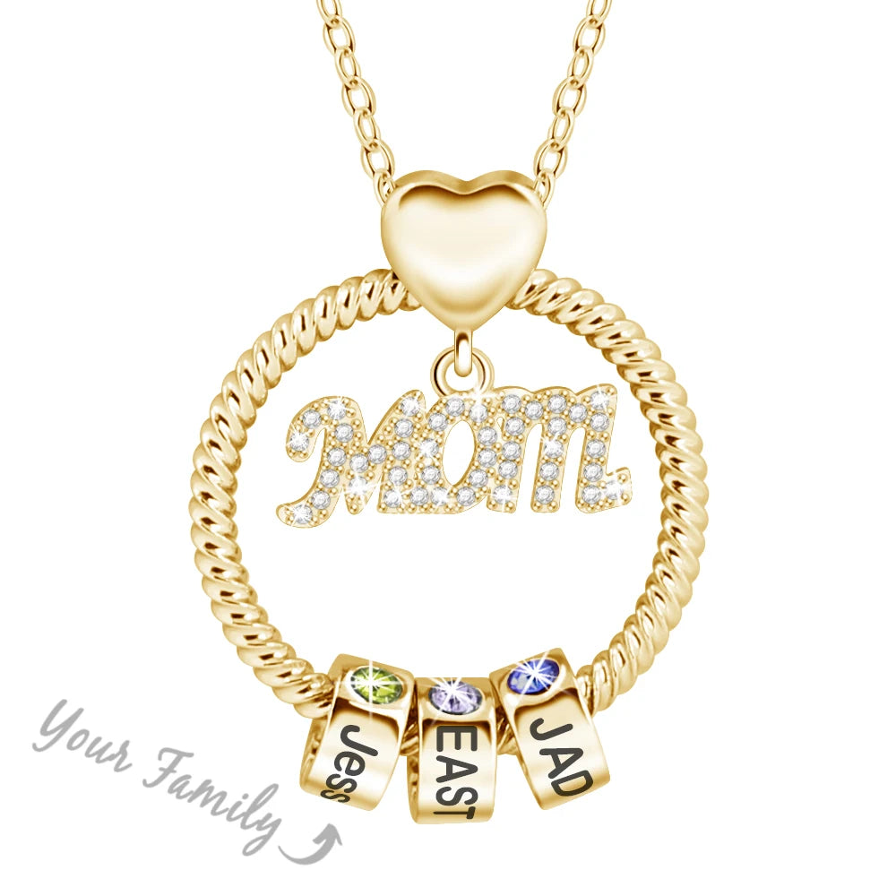 Trendy Personalized Mom Necklace with Circle Pendant Custom Engraved Birthstone Beads on Link Chain for Anniversary
