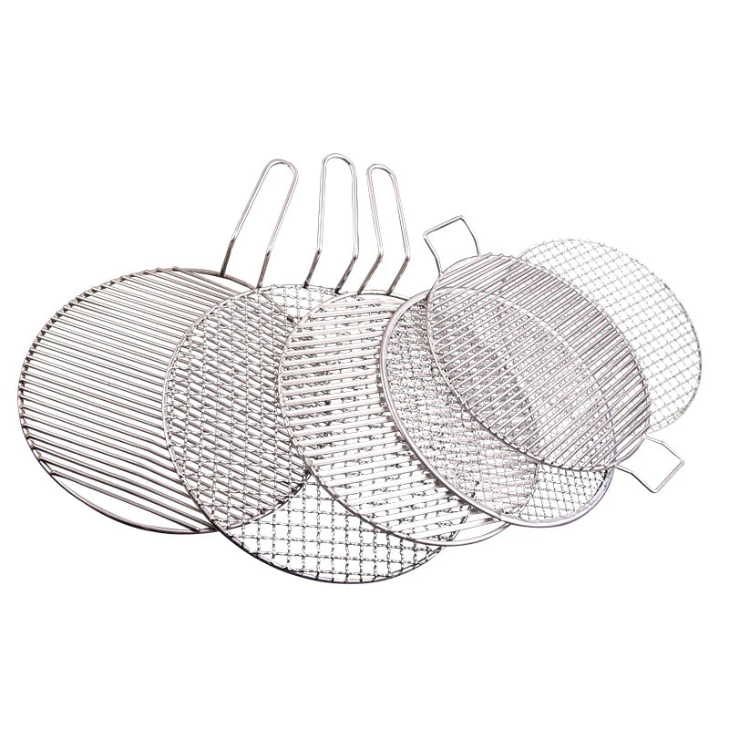 Reusable 295mm Round BBQ Grill Net 304 Stainless Steel Korean Barbecue Rack with Handle for Outdoor & Commercial Use