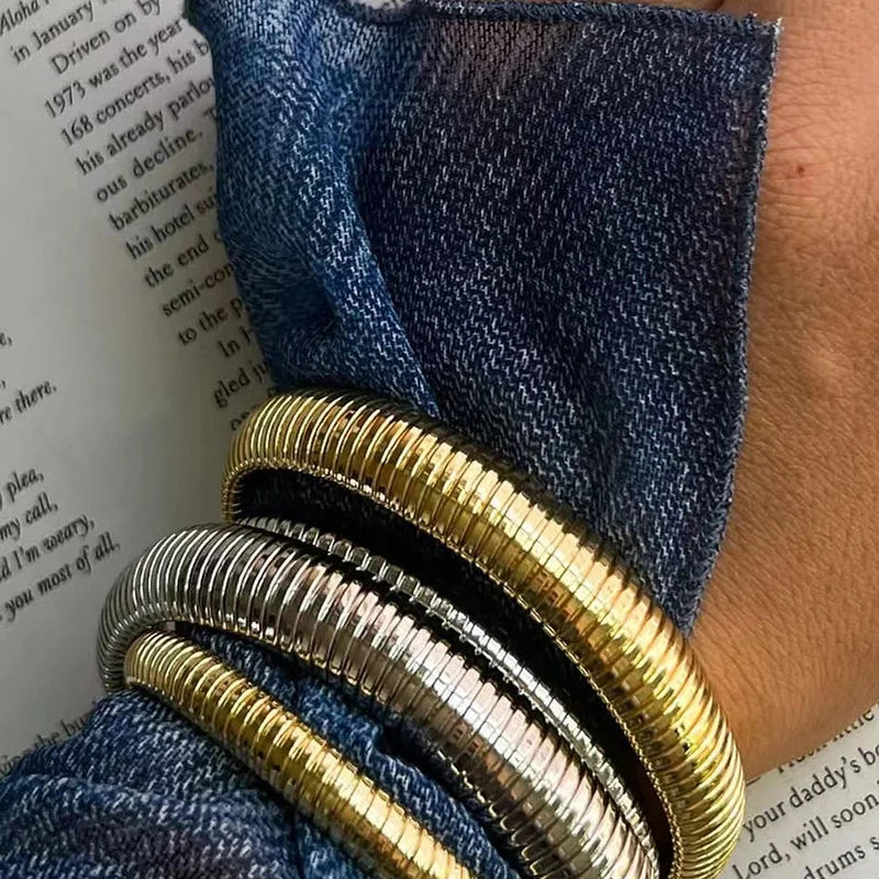 High End Pvd Gold Plated Waterproof Tarnish Free Band Snake Chain Stainless Steel Elastic Bracelet