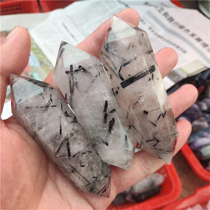 Natural Double Points Ends Black Hair Tourmaline Rutilated Quartz Point Tower Obelisk Pillar Wand