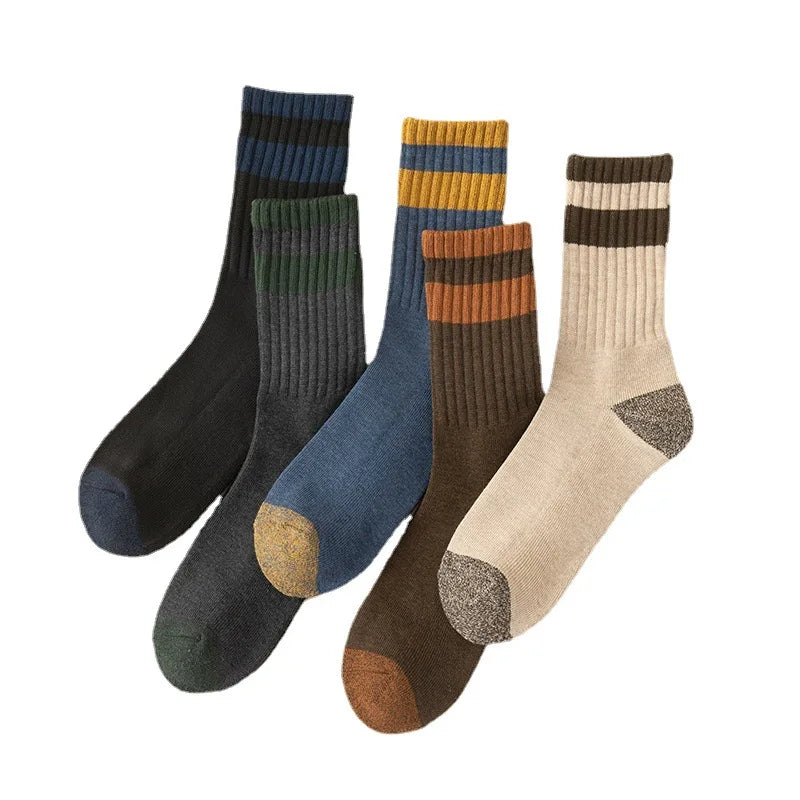 Autumn and Winter Men's Casual Cotton Socks Thickened Sole Terry Two-Color Contrast Disposable and Anti-Slip Medium Tube