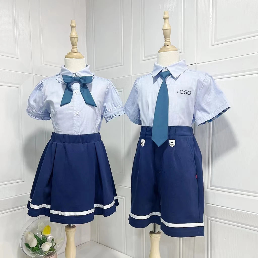 High-end Durable Casual New Style Japanese Toddler Primary School Uniforms Blue White Collar Pleated Skirt for Girl With Ties