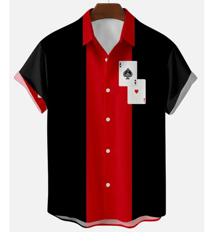 Custom Lapel Button Contrast Color Print Tops Short Sleeve Striped Business Casual Men Wear Resort Bowling Shirt