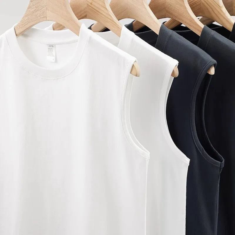 Men's Casual Sports Sleeveless Vest 100% Cotton Summer Top Breathable Knitted Weaving Heavy Weight Bottoming Inner T-Shirt