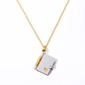 BINSHUO Wholesale Custom Stainless Steel Jewelry Gold Plating Hollow Heart Can Open Laser Carvable Book Pendant Choker Necklace