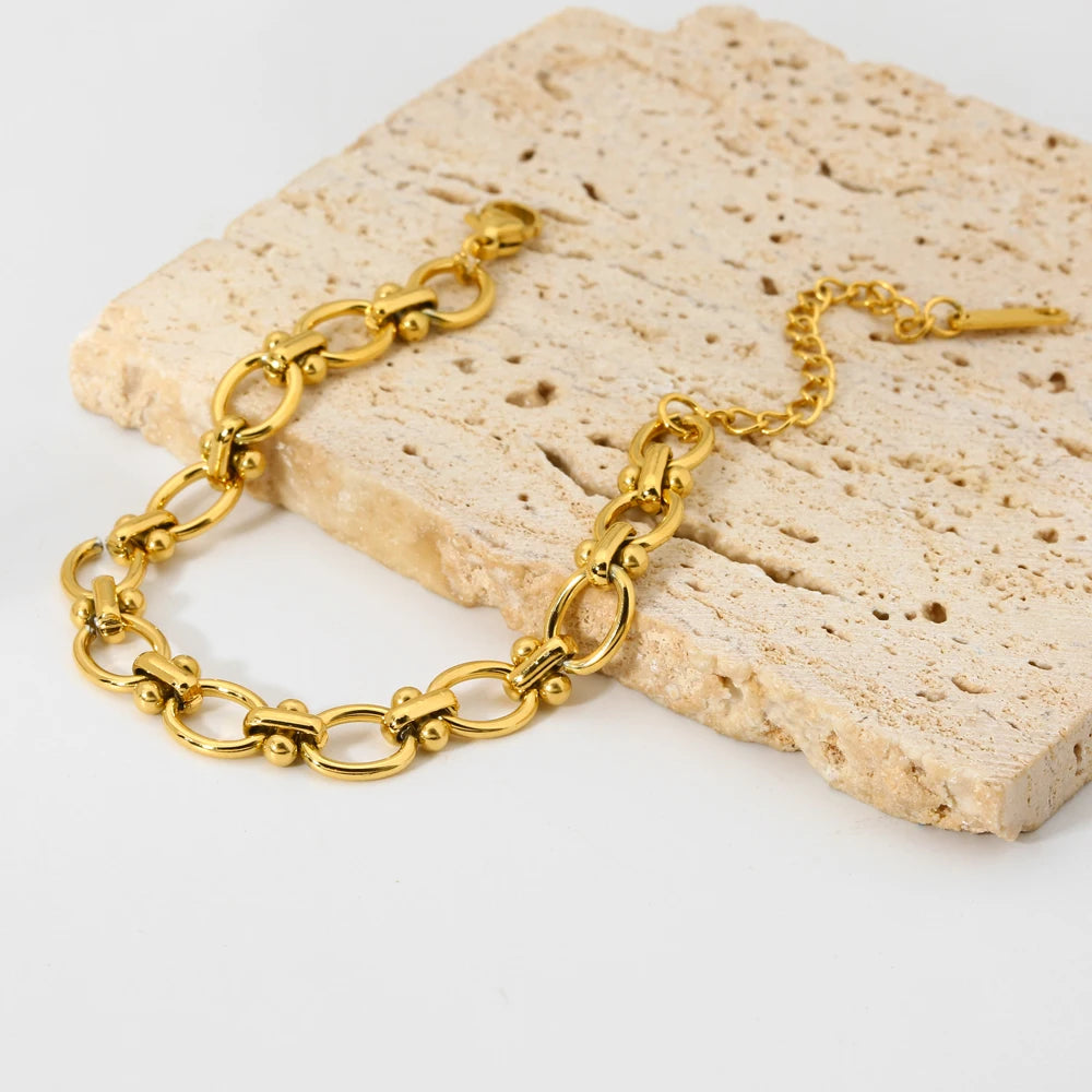 18K Gold Plated Waterproof Oval Link Chain Stainless Steel INS 2-in-1 Bracelet Necklace Jewelry