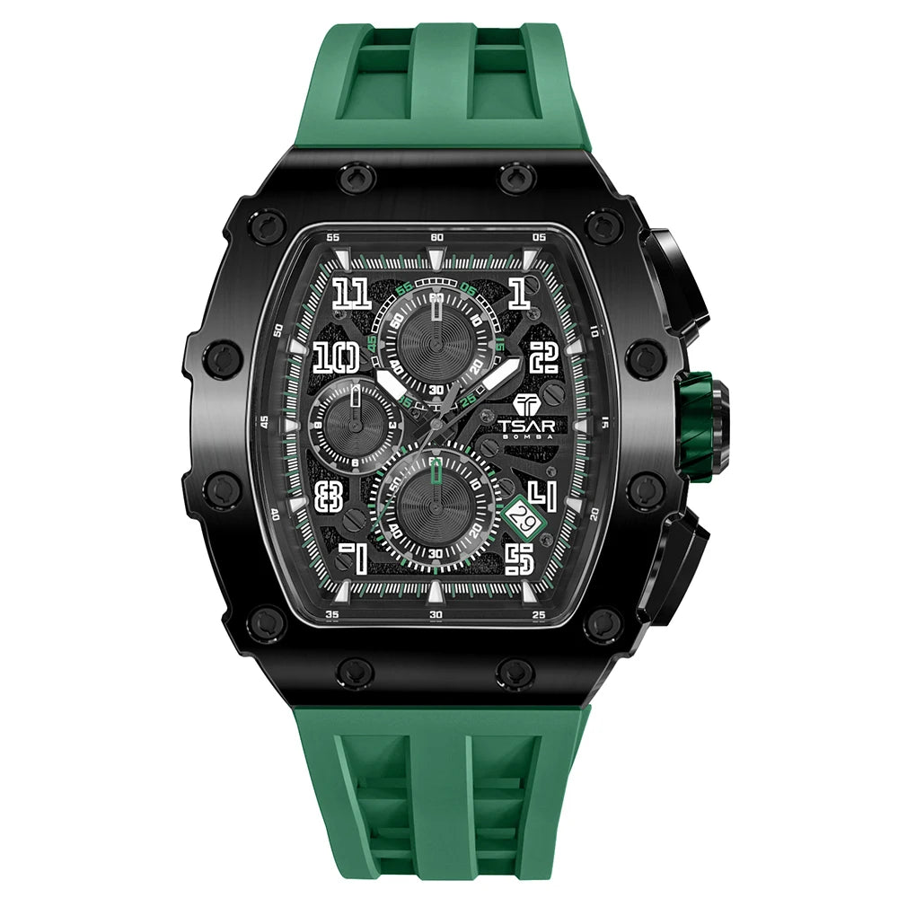 Luxury Men's Tonneau Chronograph Wrist Watch SEIKO Quartz Movement 18mm Sapphire Crystal Stainless Steel Case 5BAR Water