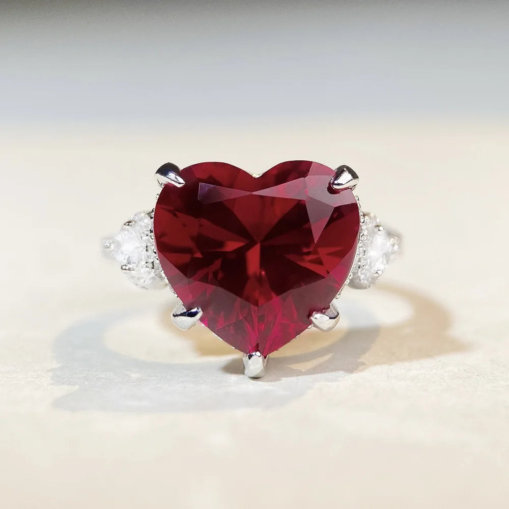 Wholesale 925 Sterling Silver Heart Lab Ruby High Carbon Diamond Zircon Wedding Party Jewelry Ring for Women
