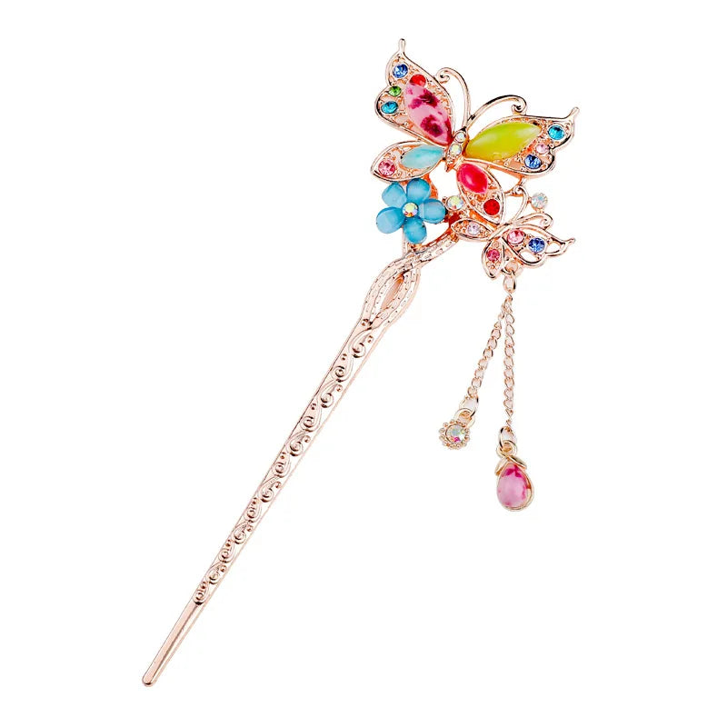 Fashion Metal Traditional Style Stick Tassel Flower Rhinestone Butterfly Hair Chopsticks Hairpin Ancient Hair Accessories