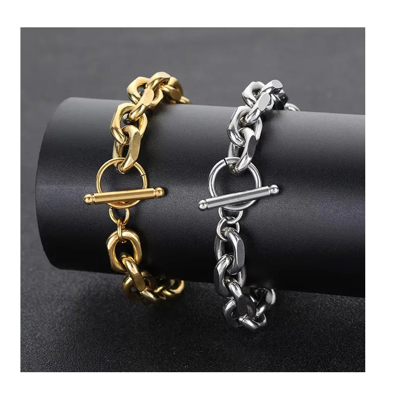 DAIHE European and American Stainless Steel Chunky Chain Bracelet Hip-hop 18k Gold Plated Chains OT Buckle Bracelet for Men