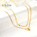 Ason New Fashion 18K Gold Plated Heart Necklace Stainless Steel Jewelry Double Chains Necklace for Women