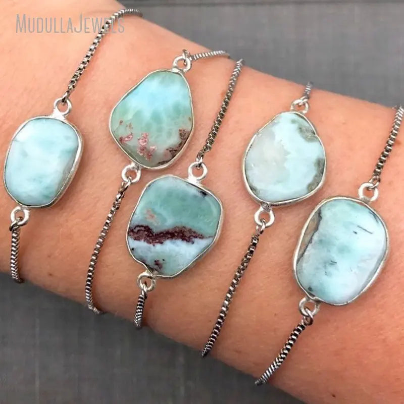BM27693 Genuine Larimar Stone Bracelet Free Form Silver Plated Boho Oval Box Chain for Party Bohemian Style Boho Gemstone Gifts