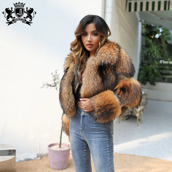 Warm Lady Luxury Fur Bomber Coat New Fashion Winter Real Raccoon Fur Coats